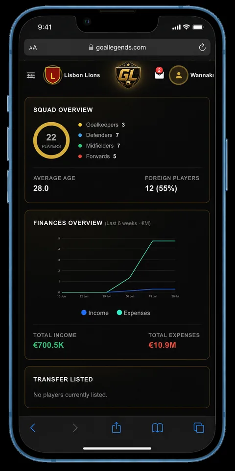 Het dashboard van Goal Legends op een mobiele telefoon