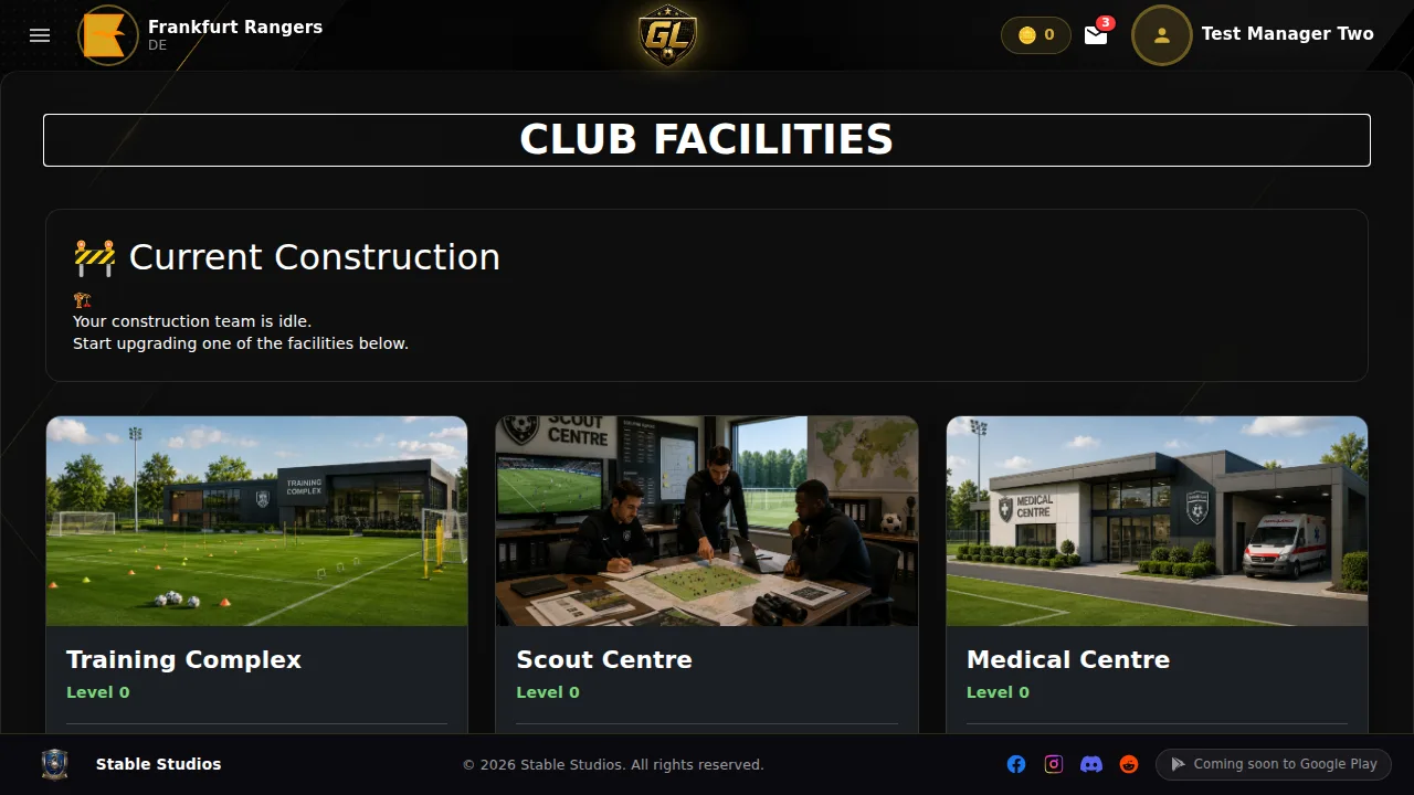 Het scherm Clubfaciliteiten van Goal Legends met het Trainingscomplex, Scoutingcentrum en Medisch centrum