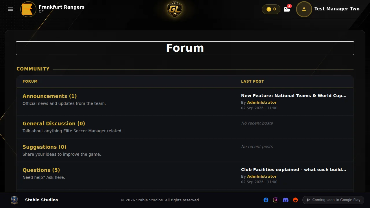 Het forum van Goal Legends, met de categorielijst