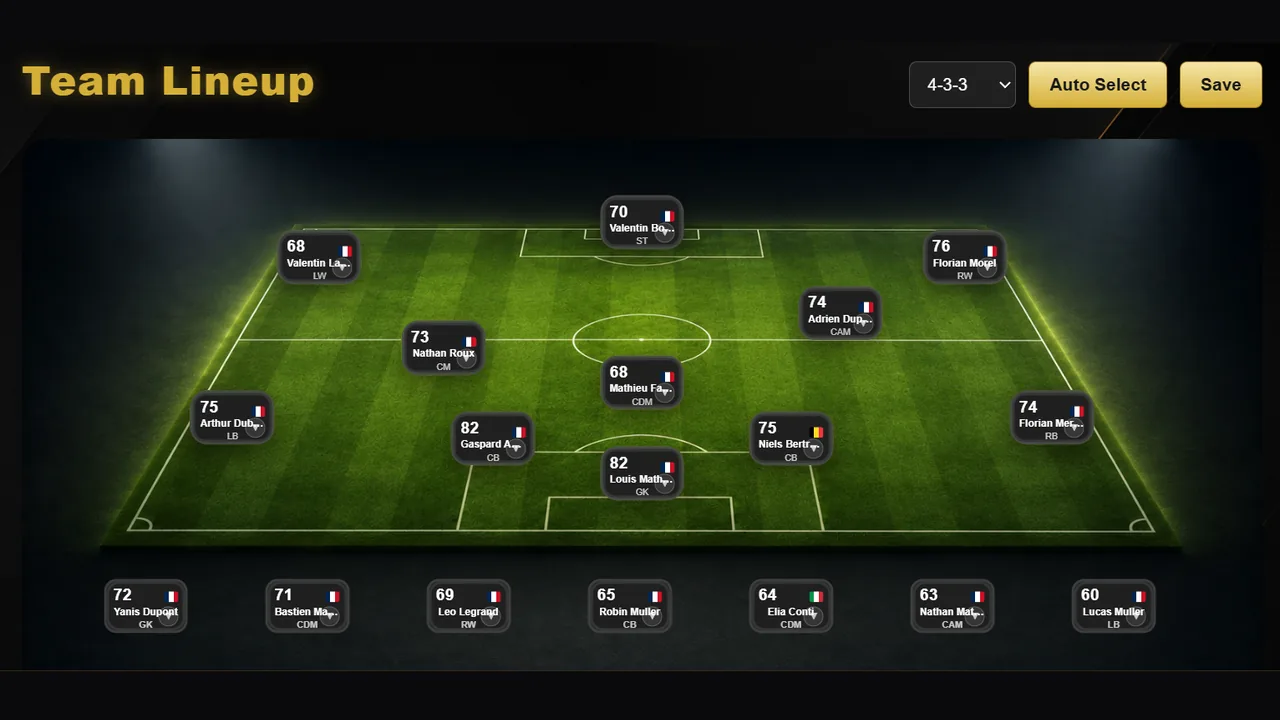 Het tactiek- en opstellingsscherm van Goal Legends