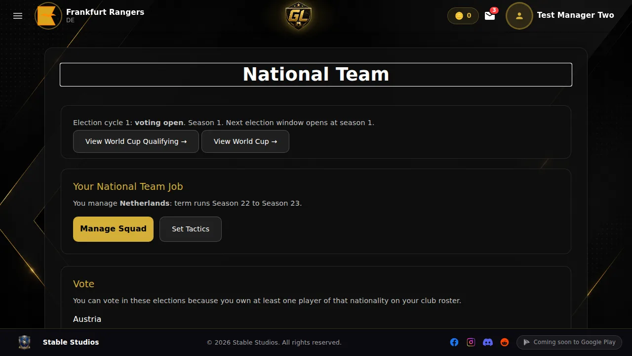 De hub van de nationale ploeg in Goal Legends, met links naar WK-kwalificatie en het WK-toernooi